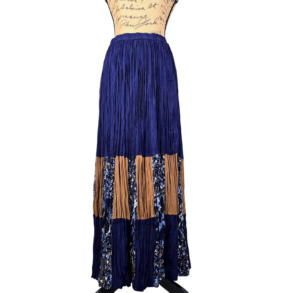 Coldwater Creek Navy Blue Floral Patchwork Broomstick Maxi Skirt Size M Boho